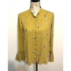 Ann Taylor Women’s Blouse Mustard Yellow Floral Pleated Cuff Long Sleeve Size SP
